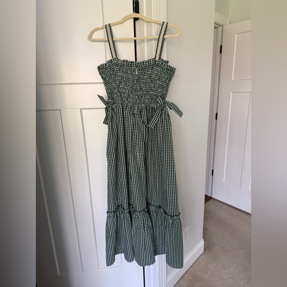 Hunter Bell Larissa Green White Gingham Midi Dress Smocked embroidered tie - Picture 8 of 8